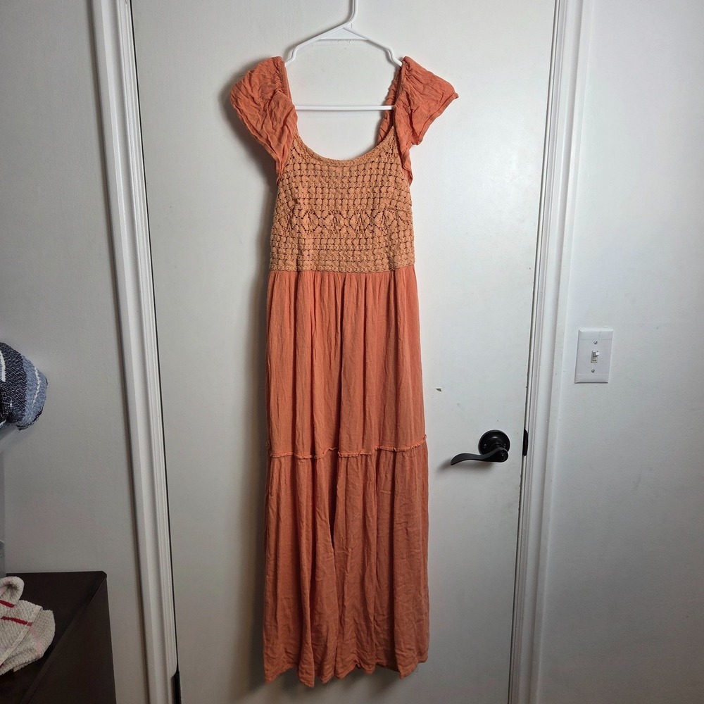 Sincerely Jules‎ Orange Crochet Cottagecore Boho Milkmaid Midi Dress Size Small - Picture 2 of 6